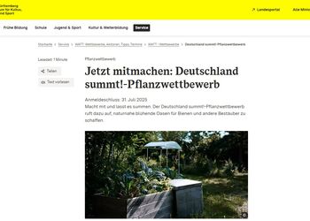 Ministerium für Kultus, Jugend und Sport Baden-Württemberg: Hinweis zum Deutschland summt!-Pflanzwettbewerb 2025 Ministerium für Kultus, Jugend und Sport Baden-Württemberg: Hinweis zum Deutschland summt!-Pflanzwettbewerb 2025